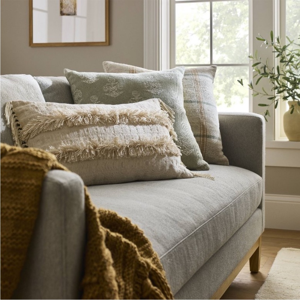 STUDIO MCGEE NWT woven block print square throw pillow -light sage/cream - Picture 2 of 7